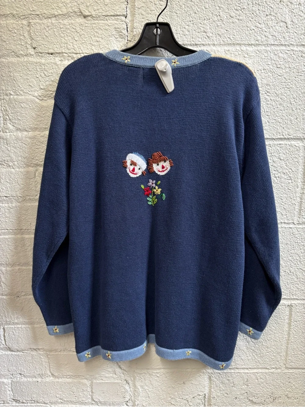 Vintage Storybook Knits Raggedy Anne Reading Embroidered Floral Cardigan